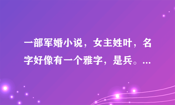 一部军婚小说，女主姓叶，名字好像有一个雅字，是兵。男主姓冷，好像叫冷严，是首长！小说名字是什么啊？