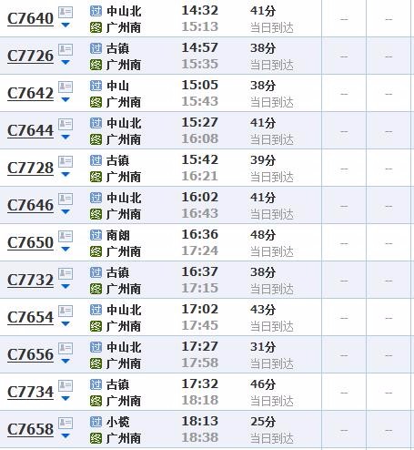 中山到广州轻轨时刻表