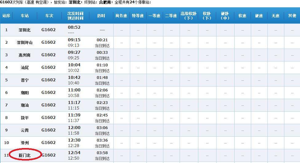 g1602到厦门高铁停靠站点