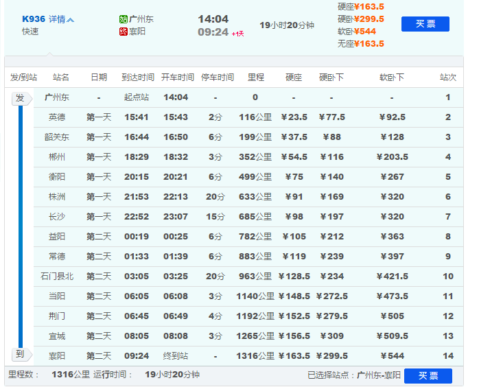 广州到襄阳的火车k936经过什么站