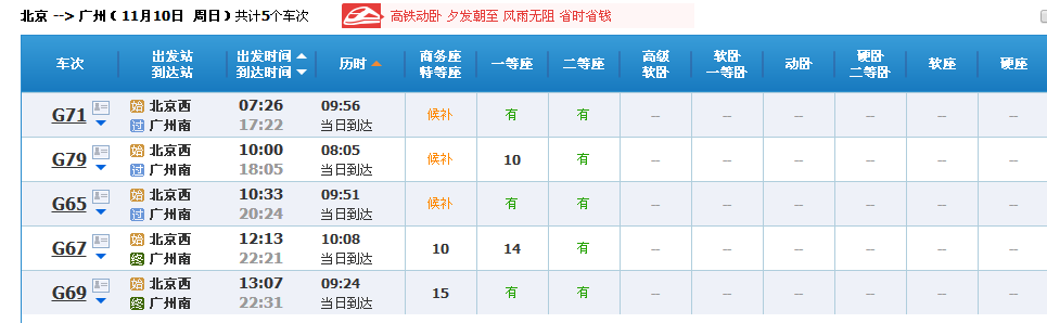 北京西到广州南高铁几小时到？