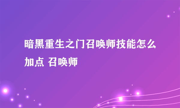 暗黑重生之门召唤师技能怎么加点 召唤师